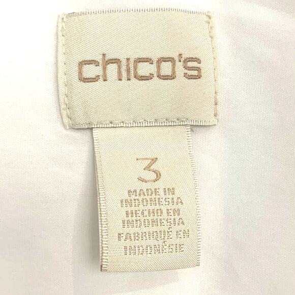 Chico's Button Up Shirt 3 US XL White Chiffon Sleeve and Layered Hem  Stretch - Picture 3 of 10